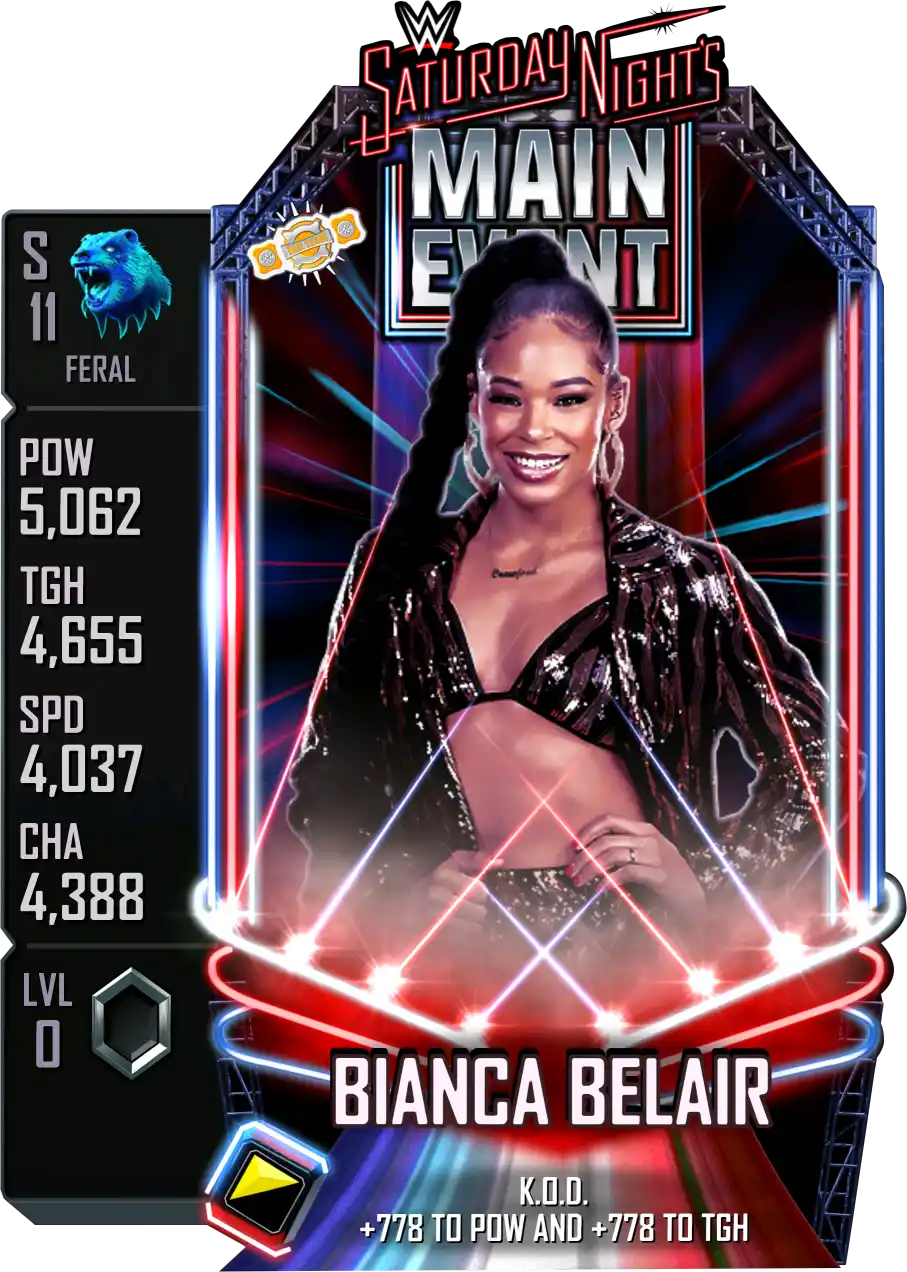 Feral, Bianca Belair, SE (Special Edition) Saturday Nights Main Event card from WWE Supercard