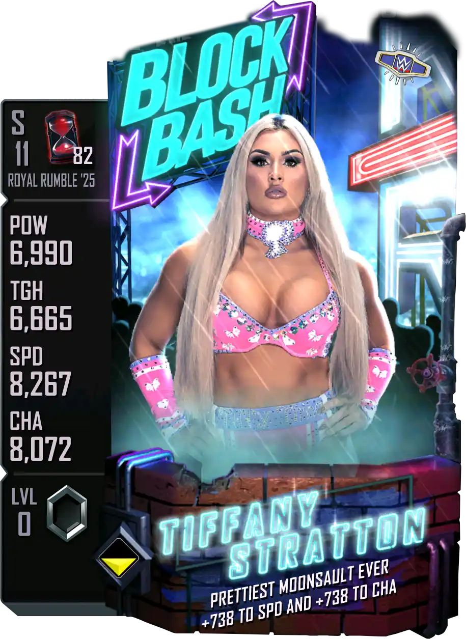 Royal Rumble '25, Tiffany Stratton, Block Bash SE (Special Edition) card from WWE Supercard
