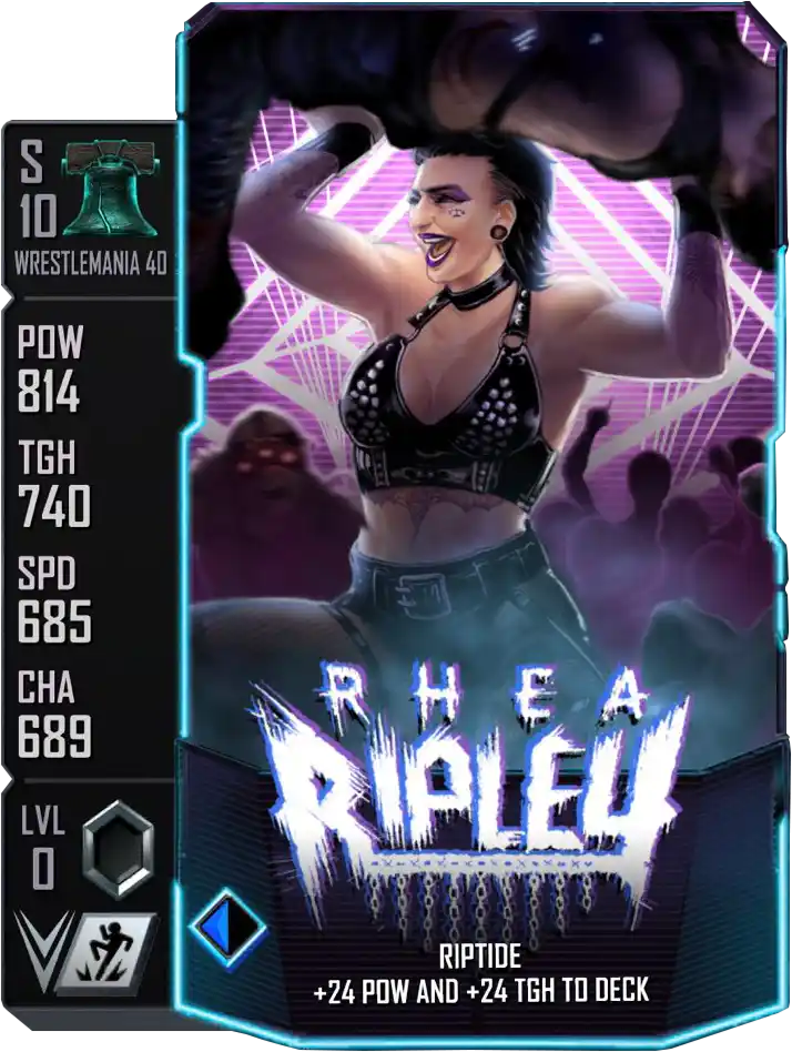 Wrestlemania 40, Rhea Ripley, SE (Special Edition) Battle Pass card from WWE Supercard